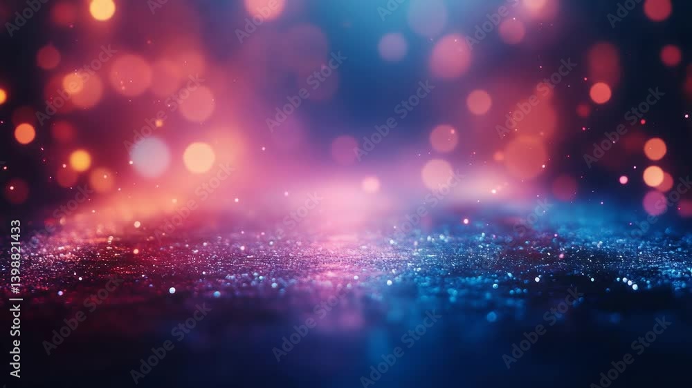 Glitter surface shining under pink and blue bokeh lights, creating a festive and magical atmosphere Glitter surface shining under pink and blue bokeh lights, creating a festive and magical atmosphere