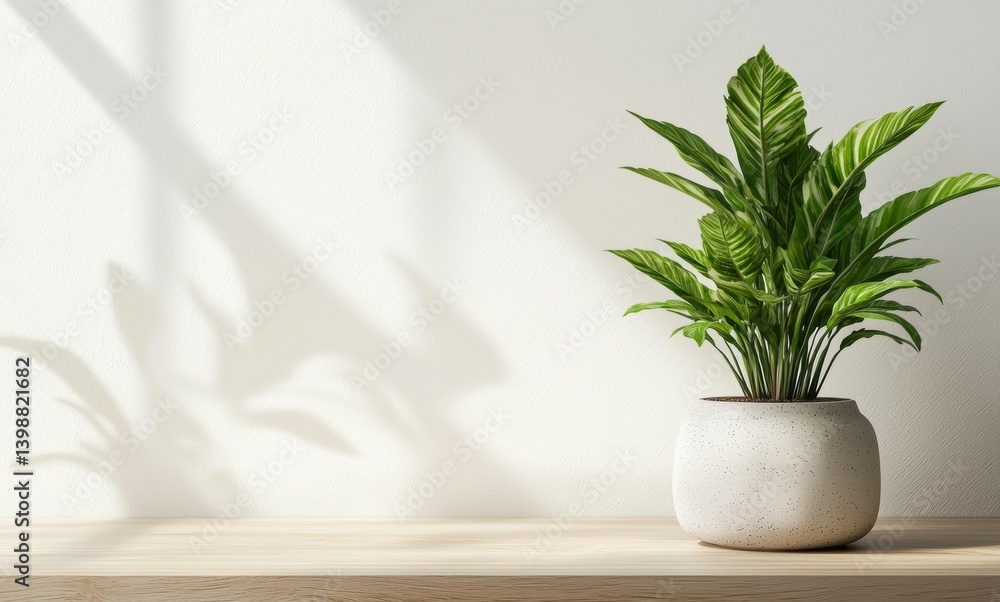 Fototapeta premium A potted plant sits on a wooden table, casting a shadow on the wall