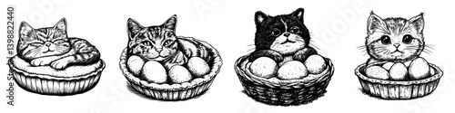 Cute cats resting on pastry with eggs in baskets, showcasing charming illustrations of playful felines in whimsical settings