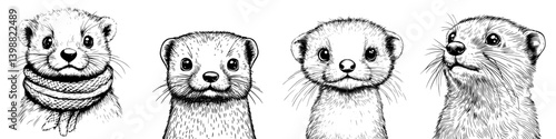 Cute ferrets wearing scarves display their charming personalities in a whimsical art illustration