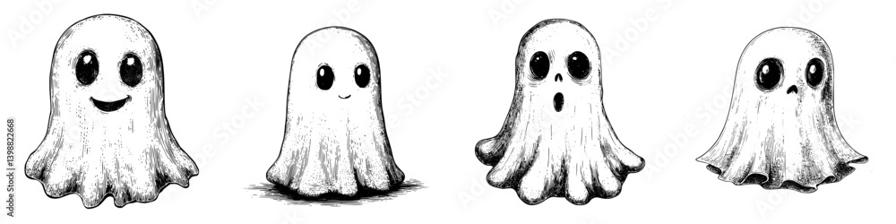 Four playful ghost illustrations in varying expressions showcasing whimsy and charm suitable for Halloween themes Four playful ghost illustrations in varying expressions showcasing whimsy and charm suitable for Halloween themes