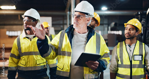 Bild auf Leinwand Tablet, people or manager in carpentry warehouse for furniture manufacturing, renovation or labor