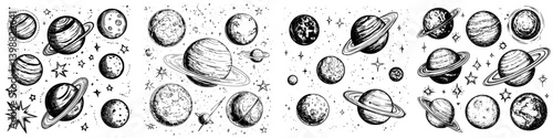 Exploring celestial bodies and stars in a detailed black and white cosmic illustration