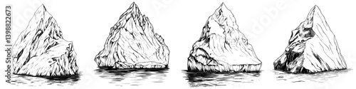 Illustrations of icebergs in various shapes floating in the ocean during daylight