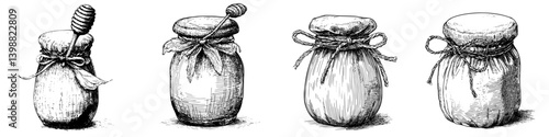 Jars of honey with wooden dipper showcase rustic charm and natural sweetness in simple packaging