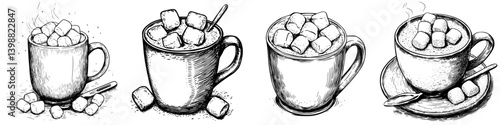 Hot chocolate variations with marshmallows served in different mugs on a wooden table