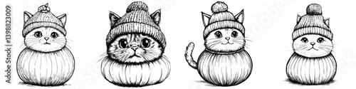 Adorable cats wearing knitted hats displayed in a charming illustration featuring playful, round shapes