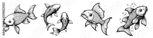 Illustrations of diverse koi fish designs showcasing intricate details and artistic styles in black and white