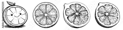 Smiling orange and sliced lemons in detailed black and white illustration showcasing fruit happiness and freshness