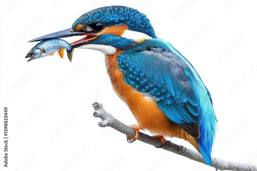 Obraz premium Kingfisher eating fish perched on branch on white background