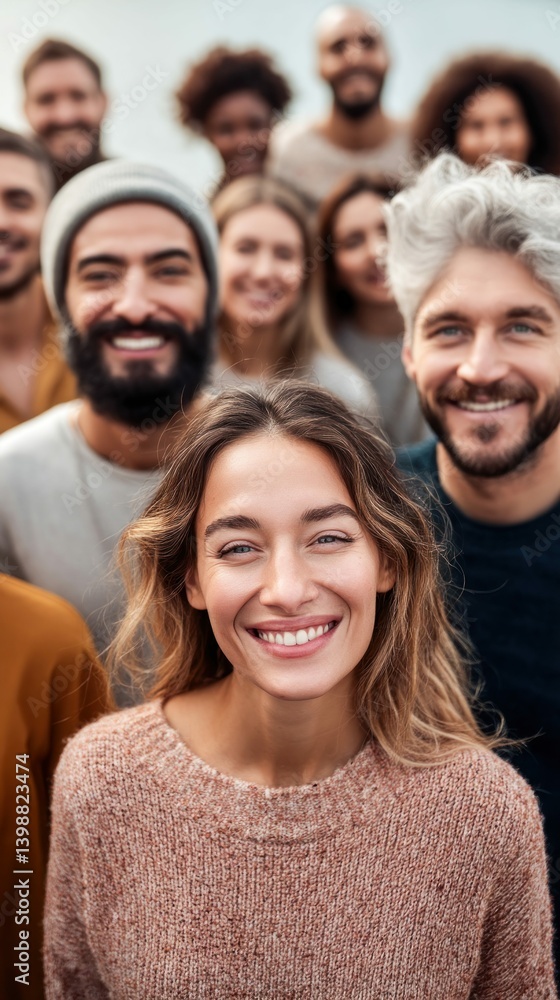 Diverse group of people with bright smiles, showing togetherness and positive vibes.