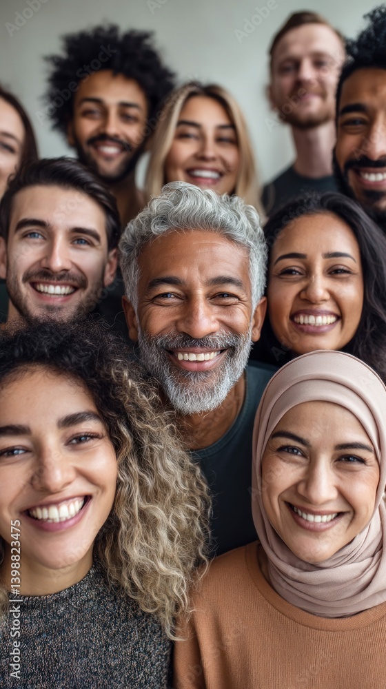 A diverse group of people smiling brightly, radiating happiness and a sense of community spirit.