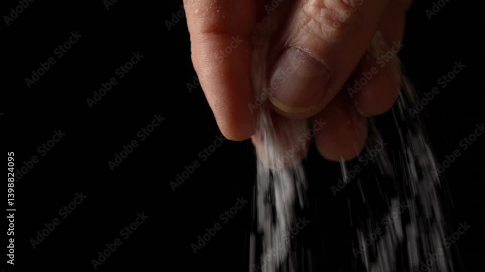 Male hand sprinkling or adding salt on black background to dish in kitchen, cooking food, slow motion. Chef adds spices