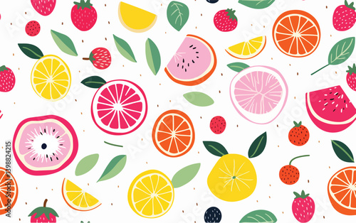 Vibrant Fruit Slice Pattern. Playful pattern with stylized citrus, watermelon, kiwi, and berries on a white background with small dots.