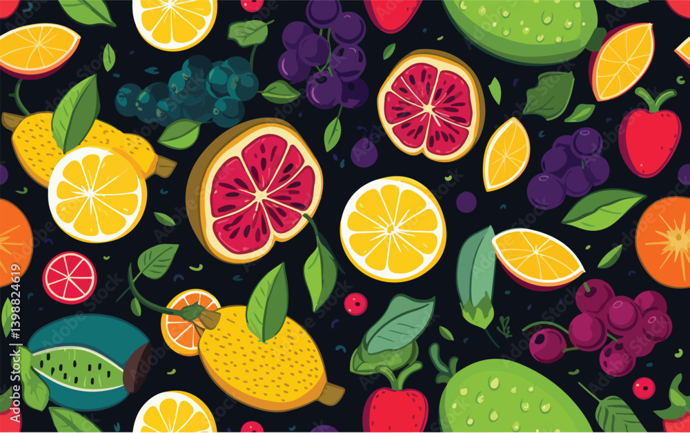 Vibrant Fruit Pattern on Dark. Playful pattern with stylized citrus slices, grapes, kiwi, and strawberries on a dark background. Vibrant Fruit Pattern on Dark. Playful pattern with stylized citrus slices, grapes, kiwi, and strawberries on a dark background.