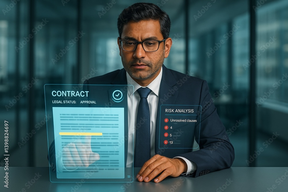 Asian male businessman reviewing digital contract with holographic interface in modern office