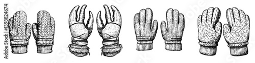 Vintage illustrations of different styles of mittens and gloves showcasing unique designs and craftsmanship