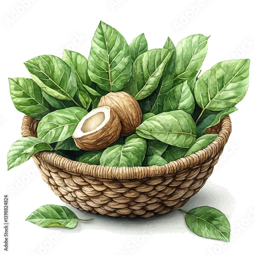 Sapodilla Basket, watercolor vector, isolated on a white background.