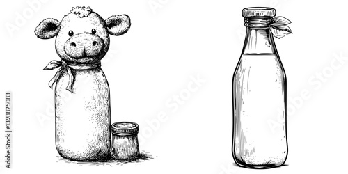Milk bottle designed as a cow with jar beside it, showcasing playful dairy-themed decor in a rustic setting
