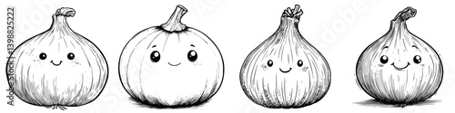 Illustrated characters of onions and pumpkins with cute facial expressions in a playful arrangement