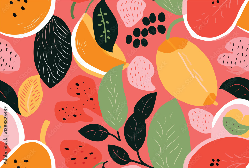 Abstract Fruit and Leaf Pattern. Playful pattern with stylized fruits, berries, and leaves in vibrant colors on a light pink background.