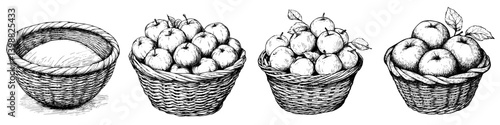 Baskets filled with fresh apples and flour displayed on a table in a rustic kitchen setting