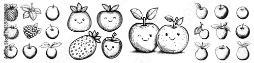 Cute hand-drawn fruit illustrations featuring cheerful strawberries, apples, and raspberries on a white background