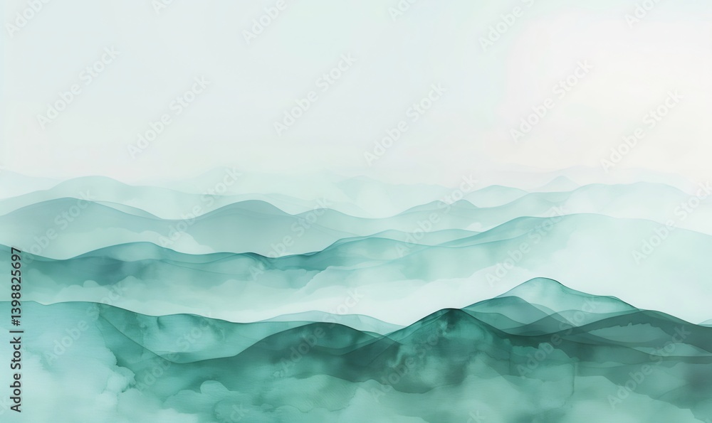 Abstract Landscape Depicting Misty Mountain Ranges with Layers of Green Hues under a Softly Lit Sky Abstract Landscape Depicting Misty Mountain Ranges with Layers of Green Hues under a Softly Lit Sky
