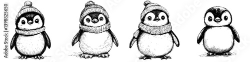 Cute penguins wearing hats and scarves displayed in a playful and charming style in black and white illustration