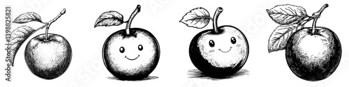 Variety of illustrated apples showcasing cheerful expressions and detailed leaves in a black and white design