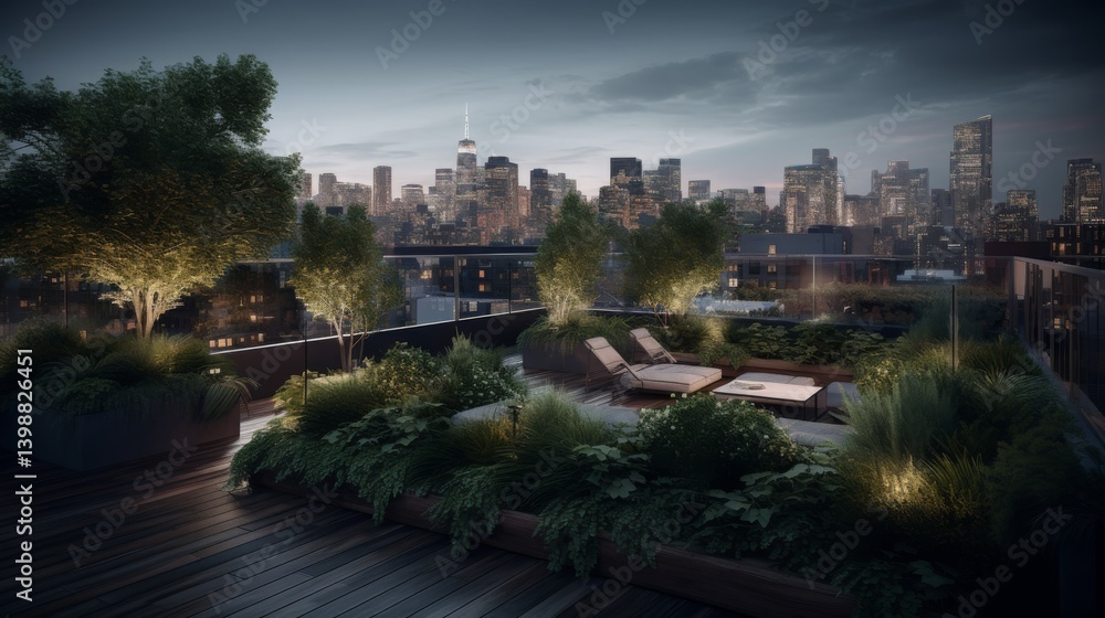 Fototapeta premium Urban rooftop garden lush greenery cascading over sleek concrete planters ambient city lights twinkling twilight skyline in the distance peaceful retreat v ar Image