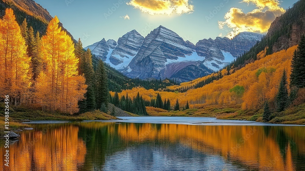 Naklejka premium Autumnal mountain lake reflecting golden aspens
