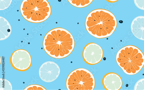 Citrus Slice Pattern on Blue. Playful pattern with orange and light blue citrus slices on a bright blue background with black dots.