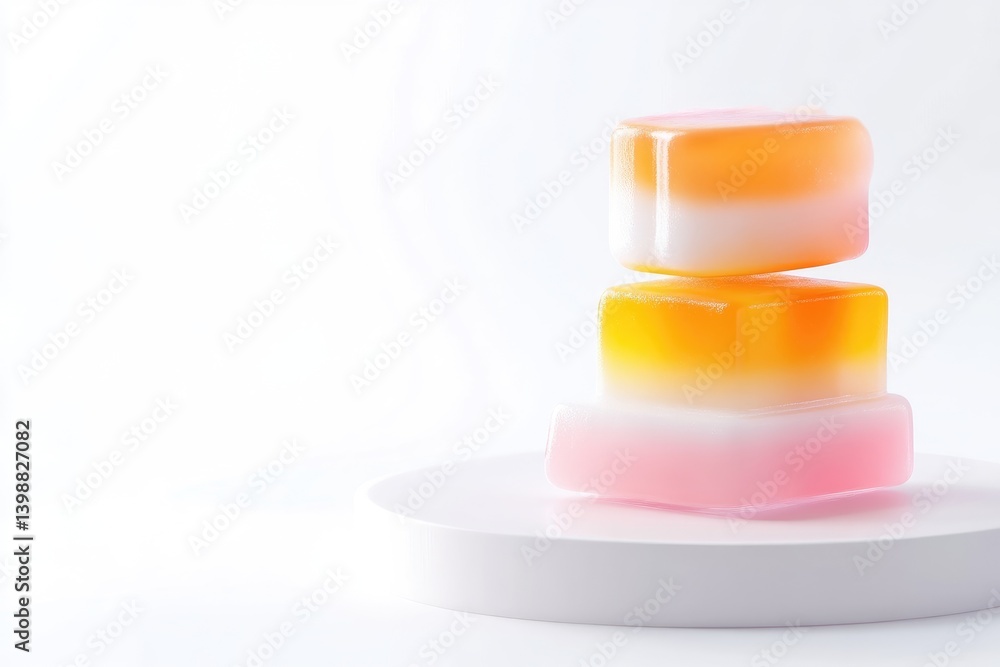 Stacked, colorful, geometric, candy cubes on a pedestal Stacked, colorful, geometric, candy cubes on a pedestal