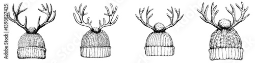 Unique collection of knitted winter hats with antlers displayed in a creative arrangement