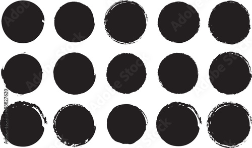 Grunge circles brush set. Black circle frames. Round line of black paint. Grunge round shapes. Circular ink brush stroke fro design elements. Vector illustration.
