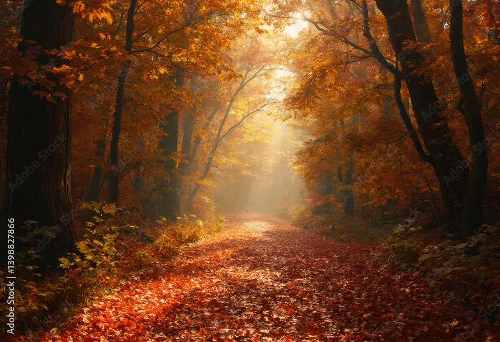 Sunlit Path Through a Misty Autumn Forest Sunlit Path Through a Misty Autumn Forest