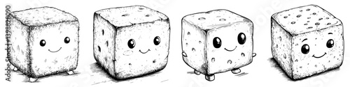 Cute cartoon characters resembling joyful, anthropomorphized cubes in playful poses, entertaining and whimsical designs