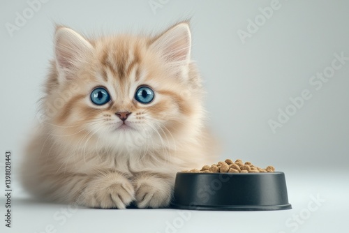 Kitten is laying down next to a black bowl of food