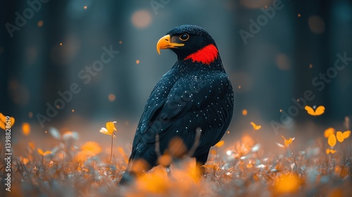 Black bird with red accents in a meadow