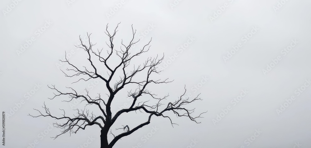 Stark, leafless tree silhouetted against a desolate, grey sky, harsh, desolate