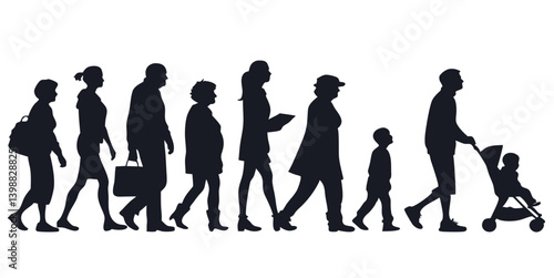Silhouette illustration depicting a diverse group of people walking together in a line formation view