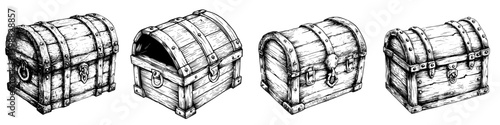 Detailed illustrations of wooden treasure chests in various styles and orientations showcasing their antique design and craftsmanship