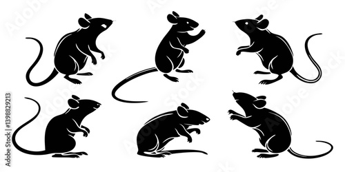 Silhouette illustration showing six black rodents in various poses on a white background art vector