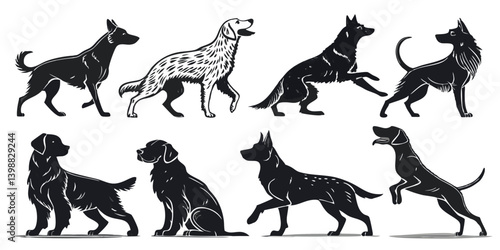 Collection of eight different dog breeds in various poses shown in black and white illustration style