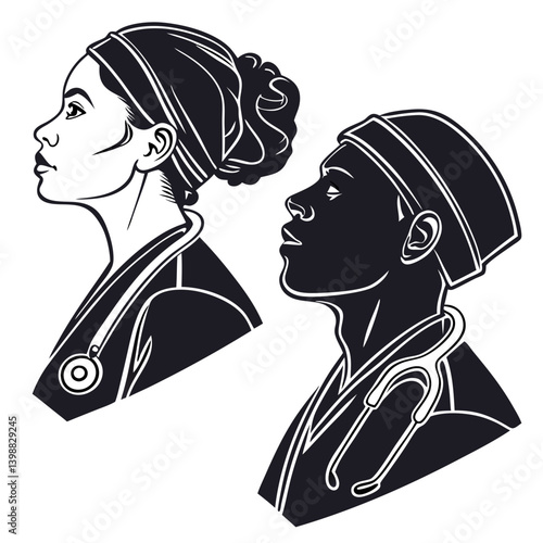 Two healthcare professionals illustrated in black and white with stethoscopes and head coverings