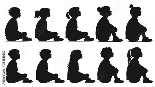 Silhouettes of children sitting in rows looking upwards with various hairstyles in a black and white image