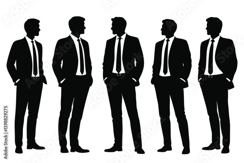 Silhouette depiction of five businessmen standing in suits and ties against a white background design