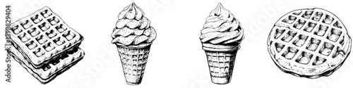 Deliciously crafted desserts featuring waffles and ice cream cones captured in detailed illustrations