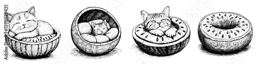 Cute kittens resting in fruit-shaped bowls during a playful summer setting
